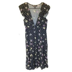 Forever 21 Contemporary Dress Sz M V Neck Black Polka Dots Floral Button Front